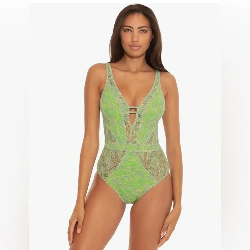 BECCA by Rebecca Virtue‎ Mosaic Crochet Plunge One-Piece Women's Green - Large